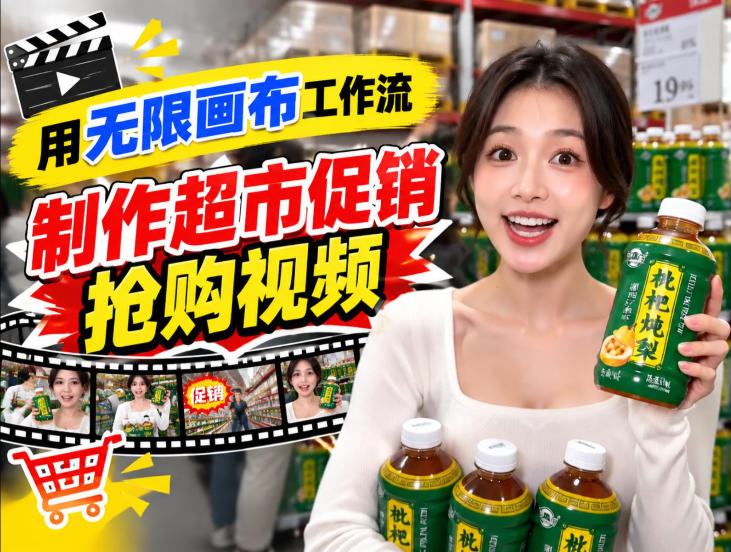 无限画布超市促销抢购视频工作流，一键产出TikTok抖音带货短视频|一人科技OPC聚合软件
