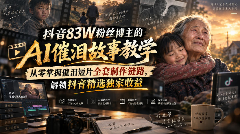 抖音83W粉丝博主的AI催泪故事教学，从零掌握催泪短片全套制作链路，解锁抖音精选独家收益|一人科技OPC聚合软件