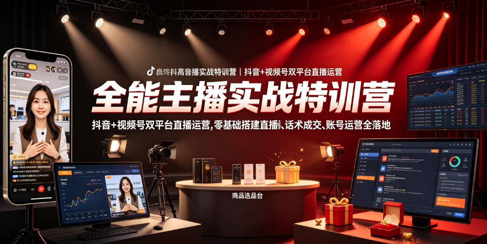全能主播实战特训营｜抖音+视频号双平台直播运营，零基础搭建直播间、精准选品、话术成交、账号运营全落地|一人科技OPC聚合软件