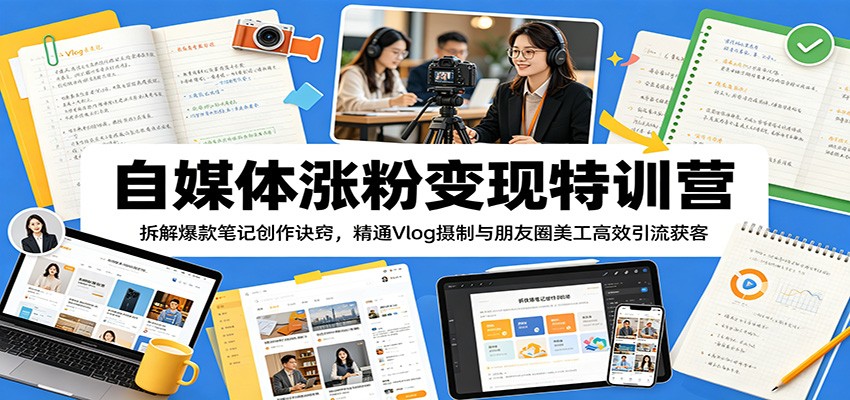 自媒体涨粉变现特训营：拆解爆款笔记创作诀窍，精通Vlog摄制与朋友圈美工高效引流获客|一人科技公司导航