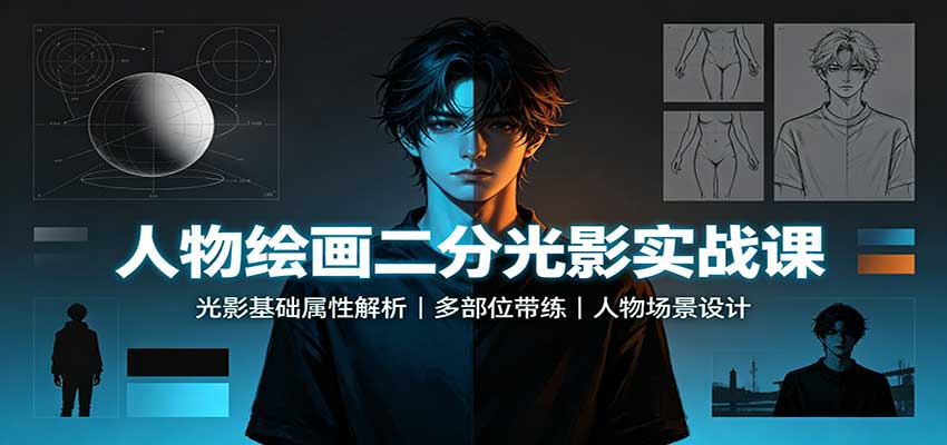 人物绘画二分光影实战课：光影基础属性解析，多部位带练，人物场景设计|一人科技OPC聚合软件