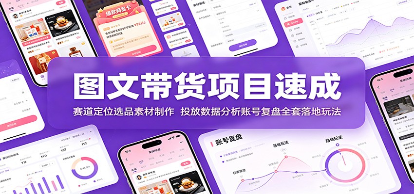 图文带货项目速成：赛道定位选品素材制作，投放数据分析账号复盘全套落地玩法|一人科技OPC聚合软件