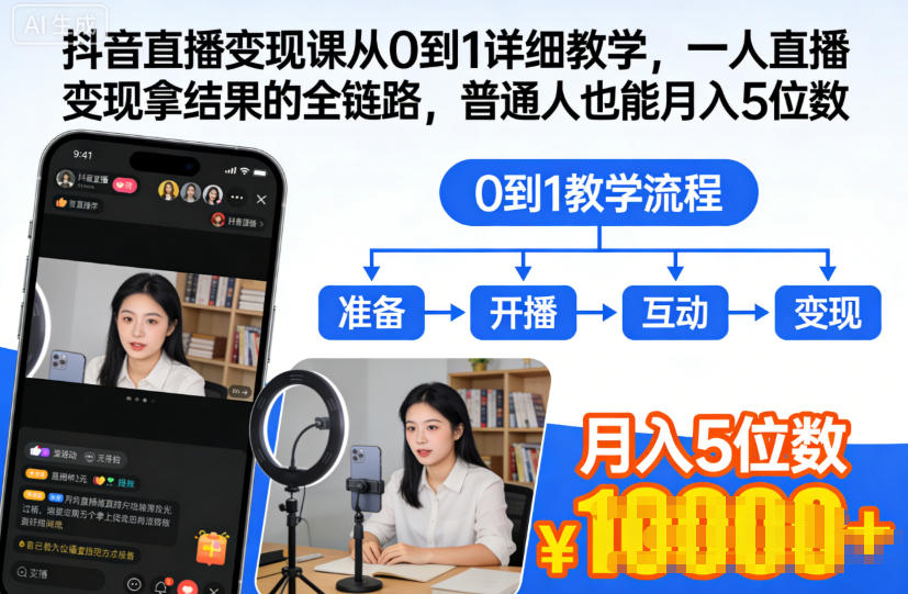 抖音直播变现课从0到1详细教学，一人直播变现拿结果的全链路，普通人也能月入5位数|HOOK协议网