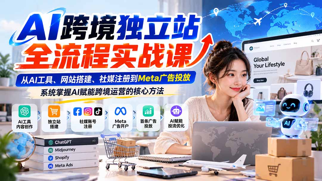 AI跨境独立站全流程实战课：从AI工具、网站搭建、社媒注册到Meta广告投放，系统掌握AI赋能跨境运营的核心方法|一人科技OPC聚合软件