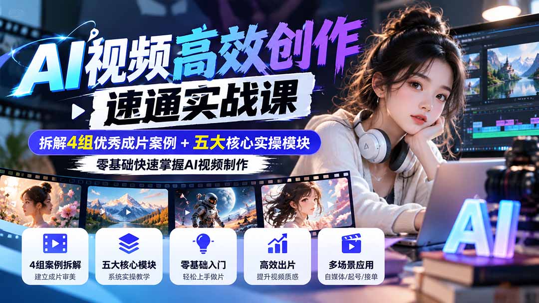【无水印】AI视频高效创作速通实战课：拆解4组优秀成片案例+五大核心实操模块，零基础快速掌握AI视频制作|一人科技OPC聚合软件