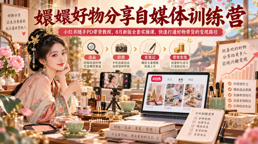 嬛嬛好物分享自媒体训练营｜小红书随手PO带货教程，8月新版全套实操课，快速打通好物带货的变现路径|一人科技OPC聚合软件