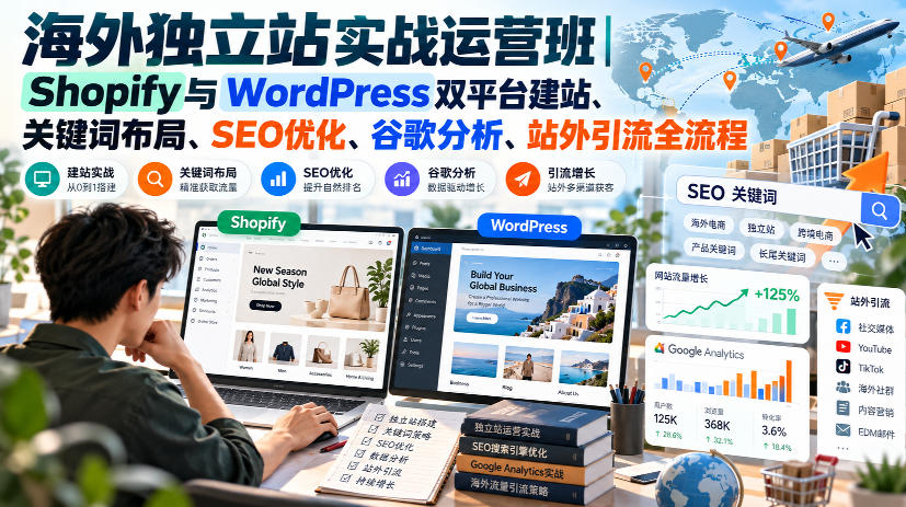 海外独立站实战运营班｜Shopify与WordPress双平台建站、关键词布局、SEO优化、谷歌分析、站外引流全流程|一人科技OPC聚合软件