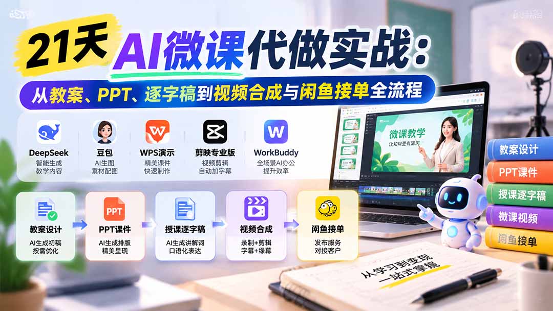 21天AI微课代做实战：从教案、PPT、逐字稿到视频合成与闲鱼接单全流程|一人科技OPC聚合软件