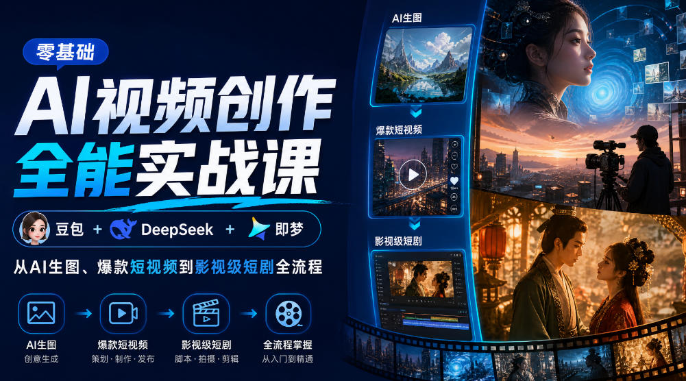 零基础AI视频创作全能实战课｜豆包+DeepSeek+即梦，从AI生图、爆款短视频到影视级短剧全流程|一人科技OPC聚合软件