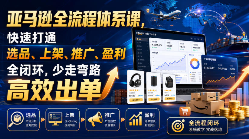 亚马逊全流程体系课，快速打通选品、上架、推广、盈利全闭环，少走弯路高效出单|一人科技OPC聚合软件