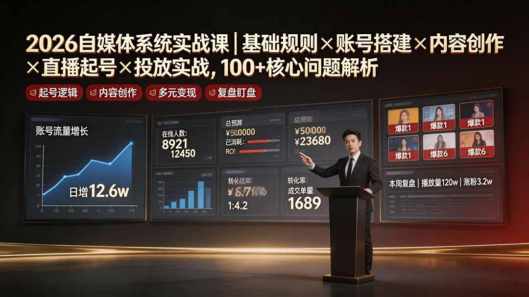 2026自媒体系统实战课｜基础规则×账号搭建×内容创作×直播起号×投放实战，100+核心问题解析|一人科技OPC聚合软件