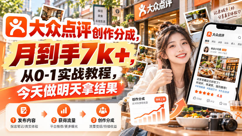 大众点评创作分成，月到手7k+，从0-1实战教程，今天做明天拿结果|一人科技OPC聚合软件