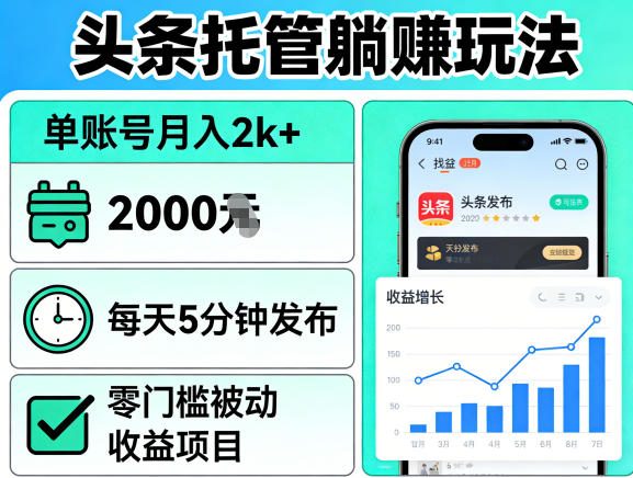 头条托管躺賺玩法，单账号月入2k+，每天5分钟发布即可，零门槛被动收益项目【揭秘】|协议软件打粉软件