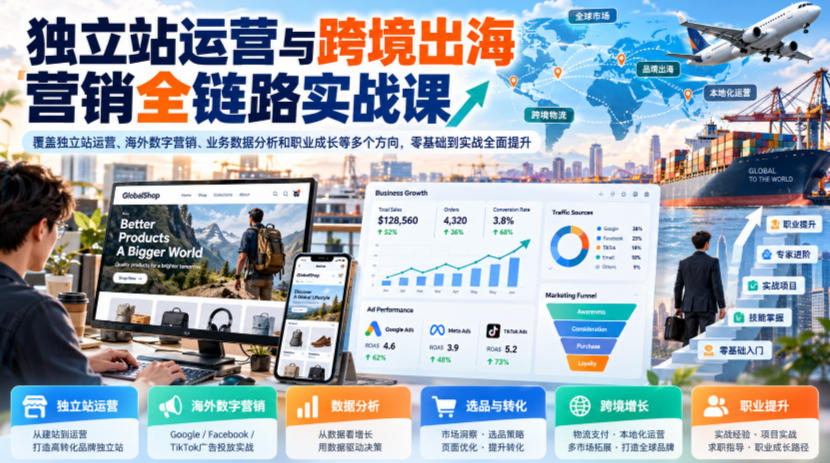 独立站运营与跨境出海营销全链路实战课，覆盖独立站运营、海外数字营销、业务数据分析和职业成长等多个方向，零基础到实战全面提升|一人科技OPC聚合软件