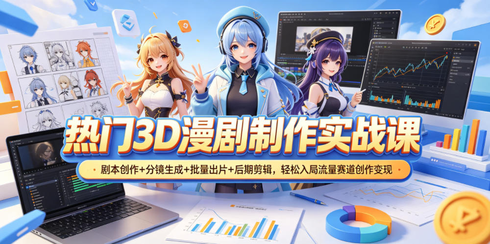 热门3D漫剧制作实战课，剧本创作+分镜生成+批量出片+后期剪辑，轻松入局流量赛道创作变现|一人科技公司导航
