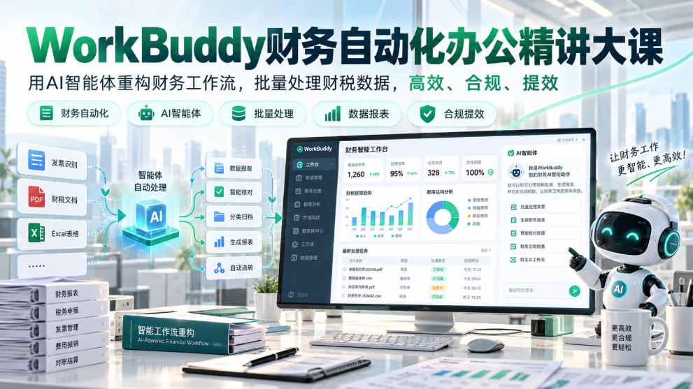 WorkBuddy财务自动化办公精讲大课，用AI智能体重构财务工作流，批量处理财税数据，高效、合规、提效|一人科技OPC聚合软件