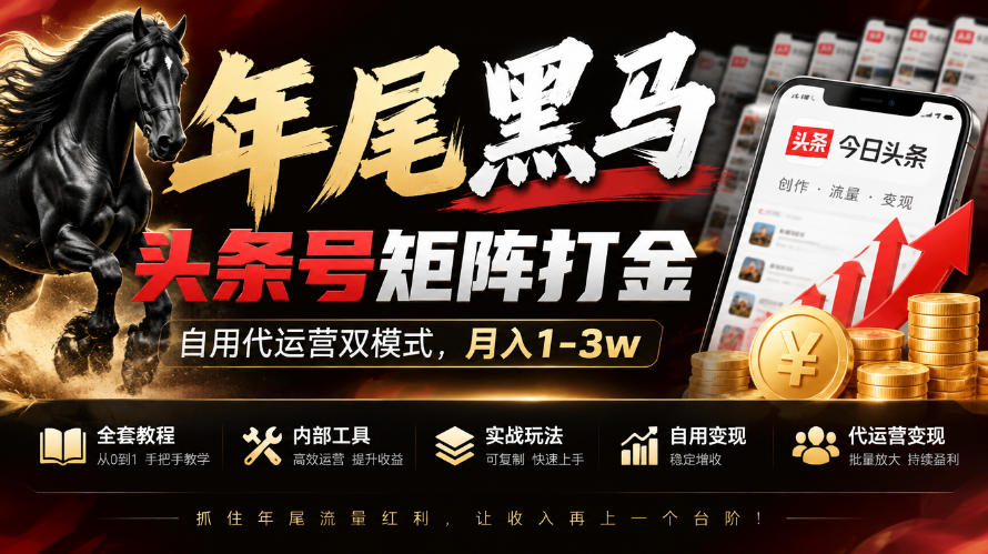 【年尾黑马】头条号矩阵打金，自用代运营双模式，月入1-3w，附全套教程及内部工具【揭秘】|一人科技OPC聚合软件