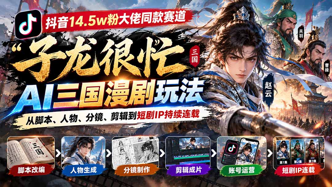 抖音14.5w粉大佬同款赛道「子龙很忙」AI三国漫剧玩法：从脚本、人物、分镜、剪辑到短剧IP持续连载|一人科技OPC聚合软件