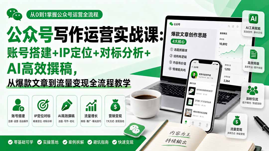 公众号写作运营实战课：账号搭建+IP定位+对标分析+AI高效撰稿，从爆款文章到流量变现全流程教学|一人科技OPC聚合软件