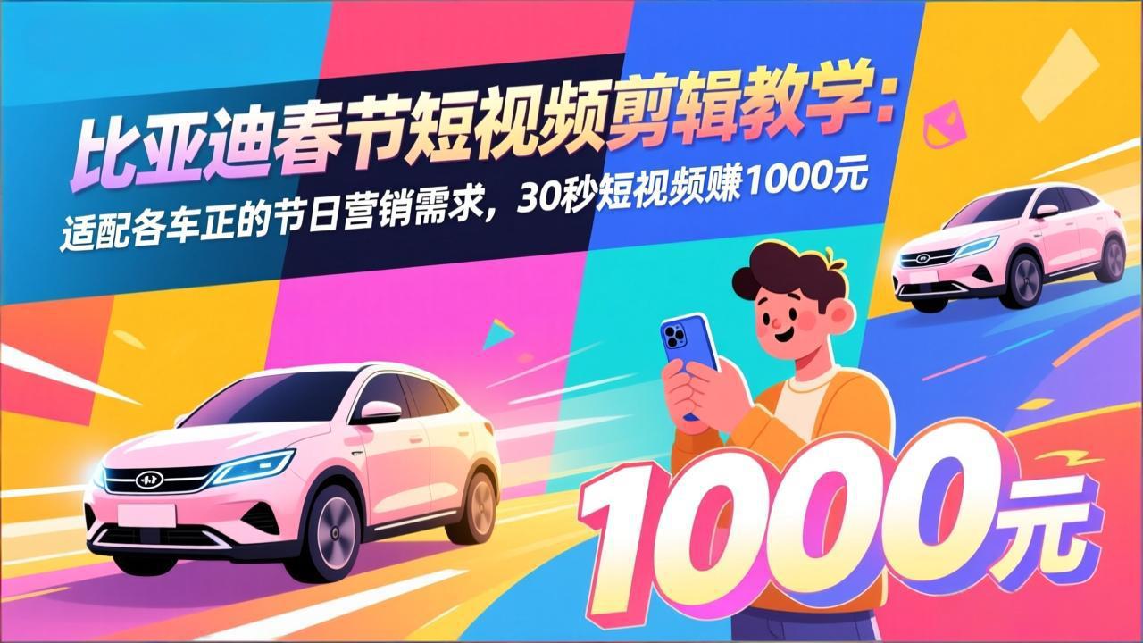 比亚迪春节短视频剪辑教学：适配各车企的节日营销需求，30秒短视频赚1000元|协议软件打粉软件