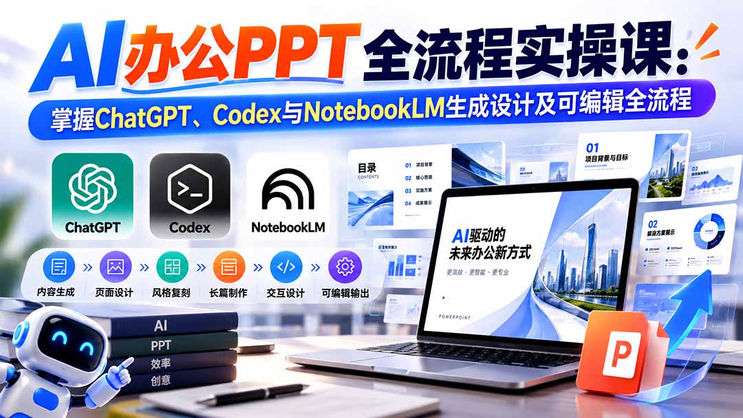 【无水印】AI办公PPT全流程实操课： 掌握ChatGPT、Codex与NotebookLM生成设计及可编辑全流程|一人科技OPC聚合软件