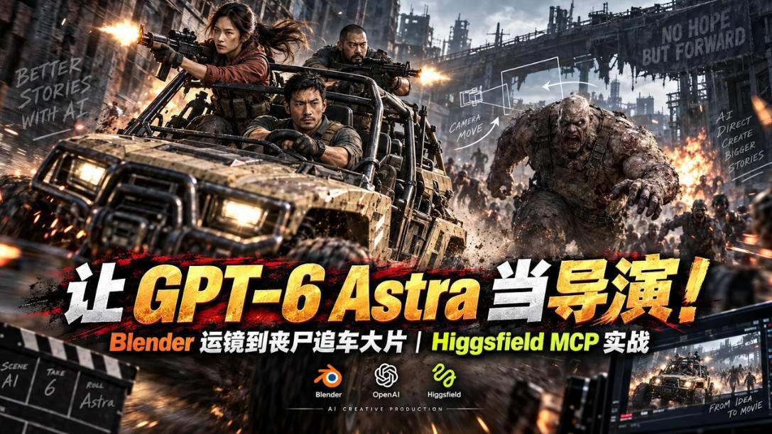 让GPT-6 Astra当导演！Blender运镜到丧尸追车大片｜Higgsfield MCP实战|一人科技OPC聚合软件