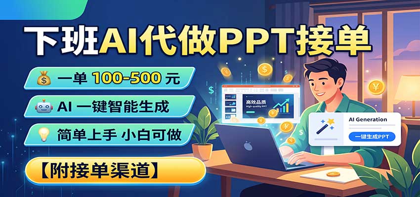 下班AI代做PPT接单，一单100-500，AI一键生成，小白也能做，附接单渠道|一人科技OPC聚合软件