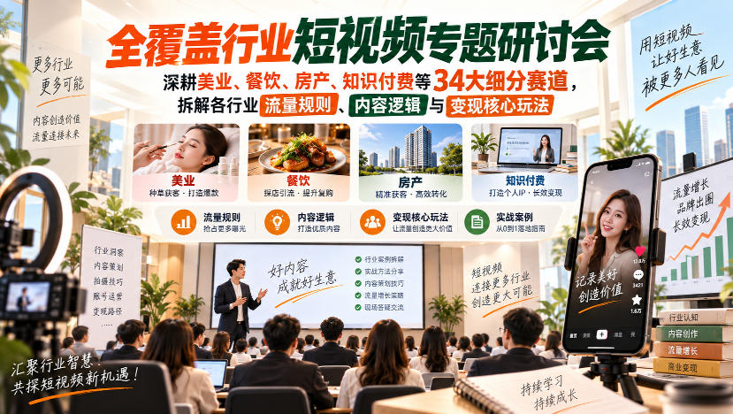 短视频专题研讨会，深耕美业、餐饮、房产、知识付费等34大细分赛道，拆解各行业流量规则、内容逻辑与变现核心玩法|一人科技OPC聚合软件