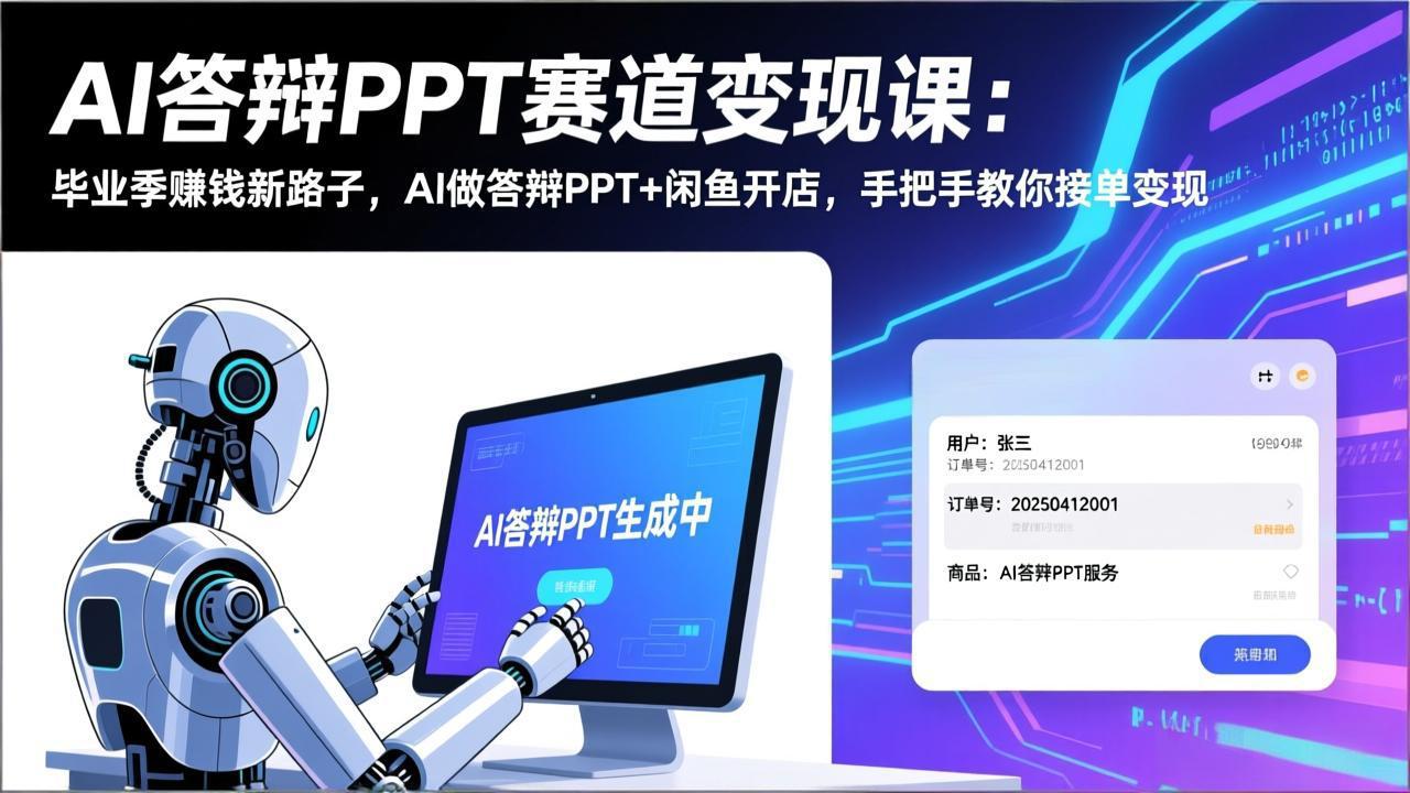AI答辩PPT赛道变现课：毕业季赚钱新路子，AI做答辩PPT+闲鱼开店，手把手教你接单变现|协议软件打粉软件