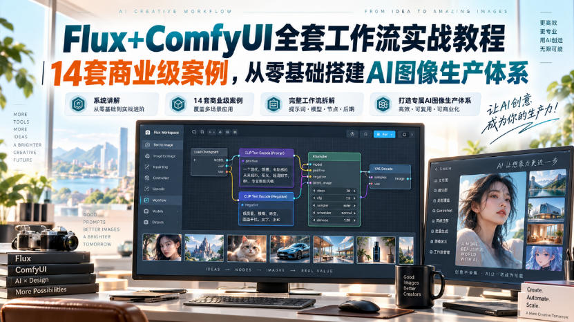 Flux+ComfyUI全套工作流实战教程｜14套商业级案例，从零基础搭建AI图像生产体系|一人科技OPC聚合软件