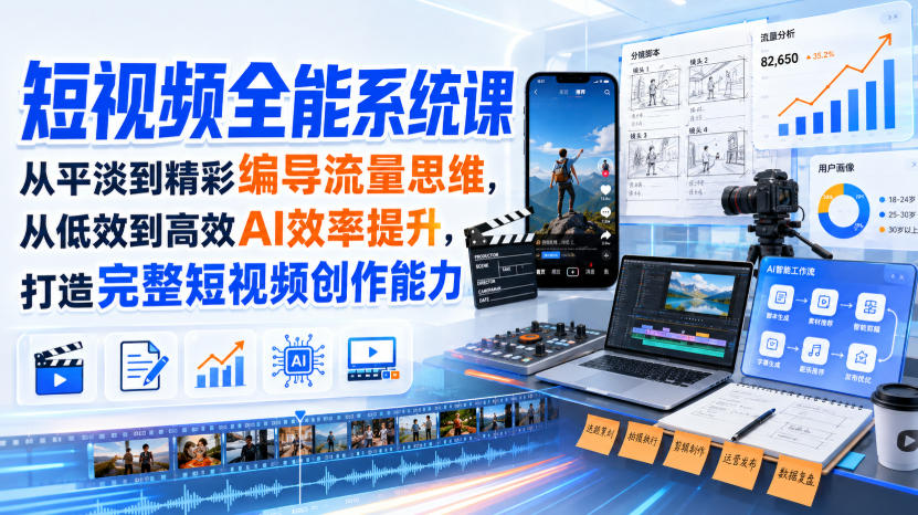 短视频全能系统课，从平淡到精彩编导流量思维，从低效到高效AI效率提升，打造完整短视频创作能力(2026年8月30更新233集)|一人科技OPC聚合软件