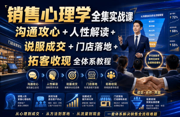 销售心理学全集实战课｜沟通攻心+人性解读+说服成交+门店落地+拓客收现全体系教程|一人科技OPC聚合软件