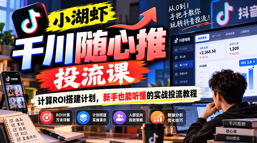 小湖虾千川随心推投流课，计算ROI搭建计划，新手也能听懂的实战投流教程|一人科技OPC聚合软件