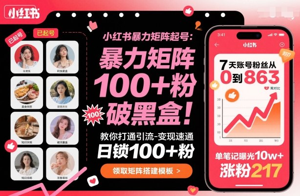 小红书暴力矩阵起号，教你打通引流-变现速通，日锁100+粉，破流量黑盒|HOOK协议网