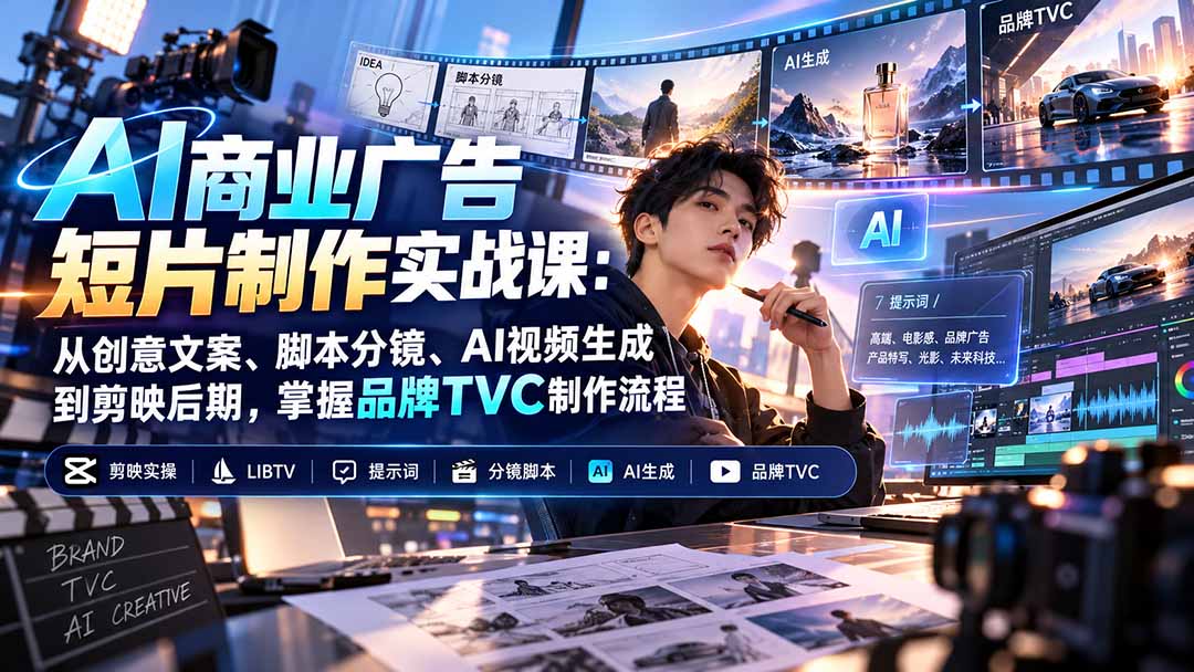 AI商业广告短片制作实战课：从创意文案、脚本分镜、AI视频生成到剪映后期，掌握品牌TVC制作流程|一人科技OPC聚合软件