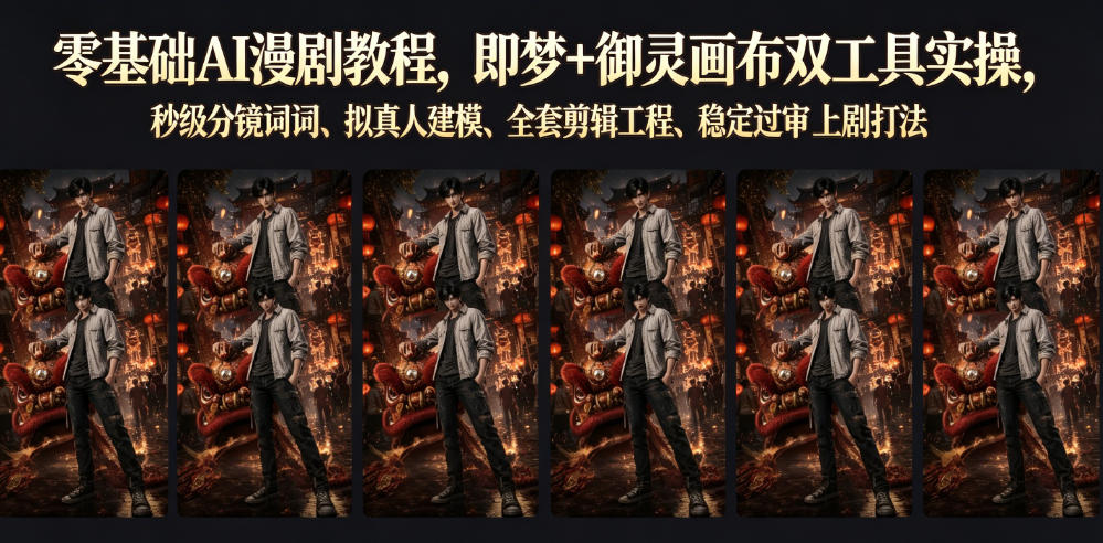 零基础AI漫剧教程，即梦+御灵画布双工具实操，秒级分镜提示词、拟真人建模、全套剪辑工程、稳定过审上剧打法|一人科技OPC聚合软件