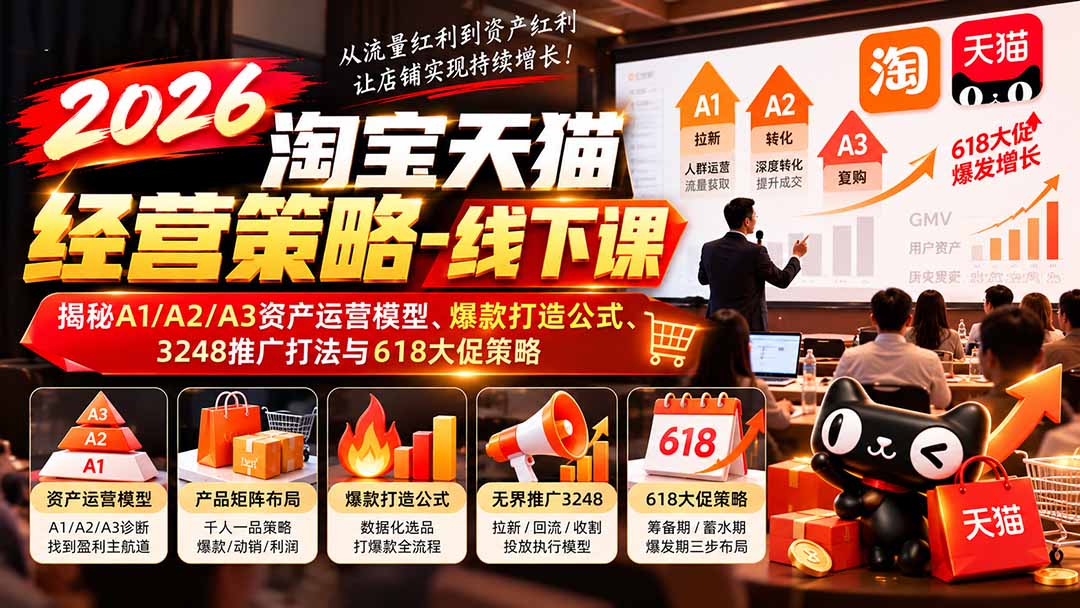2026淘宝天猫经营策略-线下课：揭秘A1/A2/A3资产运营模型、爆款打造公式、3248推广打法与618大促策略|一人科技OPC聚合软件