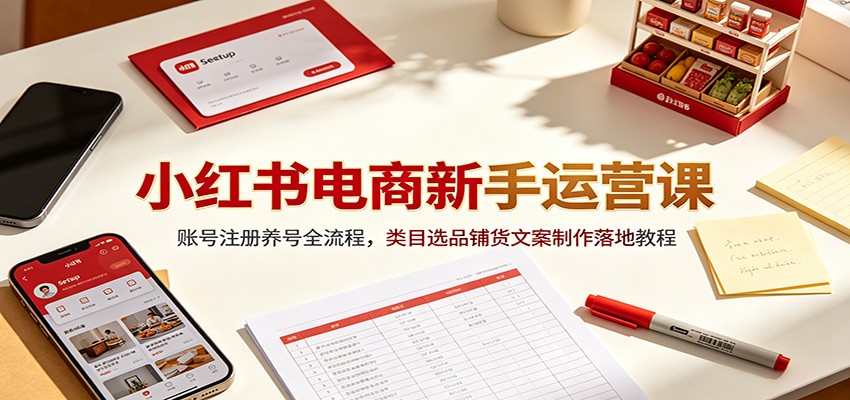 小红书电商新手运营课：账号注册养号全流程，类目选品铺货文案制作落地教程|一人科技OPC聚合软件