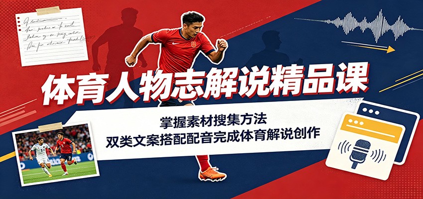 体育人物志解说精品课：掌握素材搜集方法，双类文案搭配配音完成体育解说创作|一人科技OPC聚合软件