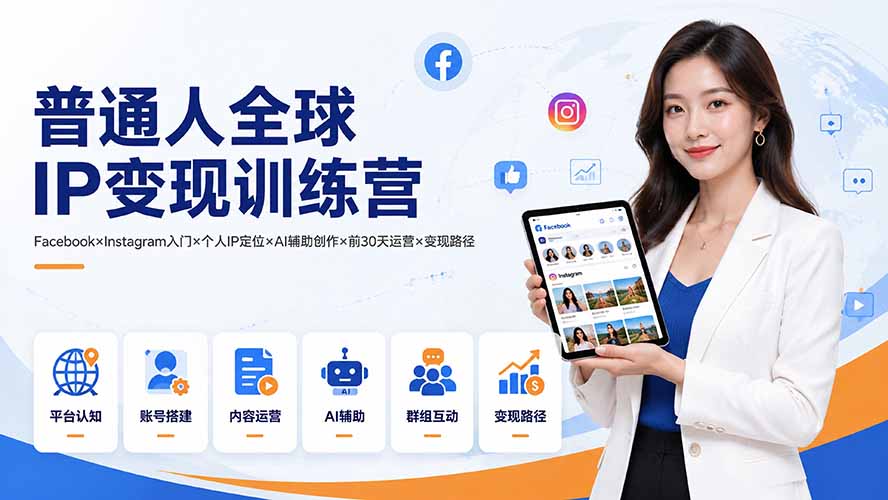 普通人全球IP变现训练营：Facebook×Instagram入门×个人IP定位×AI辅助创作×前30天运营×变现路径|一人科技OPC聚合软件