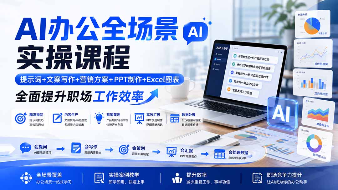 AI办公全场景实操课程：提示词+文案写作+营销方案+PPT制作+Excel图表，全面提升职场工作效率|一人科技OPC聚合软件
