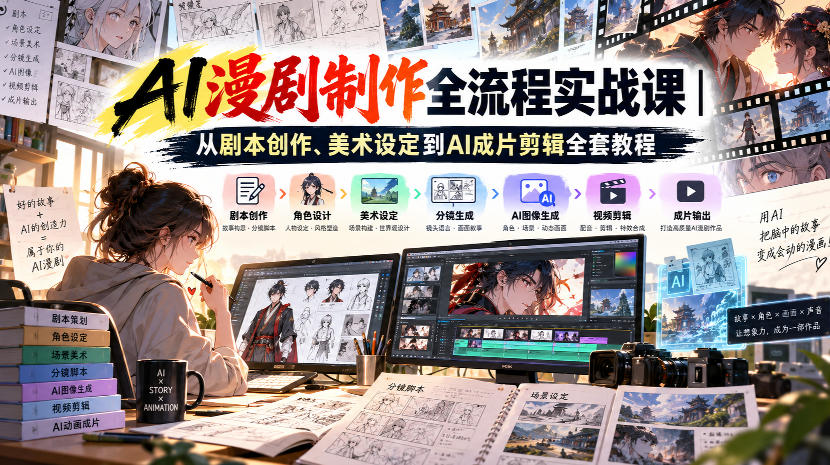 AI漫剧制作全流程实战课｜从剧本创作、美术设定到AI成片剪辑全套教程​|一人科技OPC聚合软件