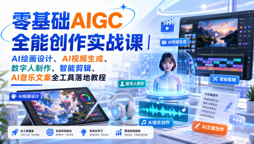 零基础AIGC全能创作实战课｜AI绘画设计、AI视频生成、数字人制作、智能剪辑、AI音乐文案全工具落地教程|一人科技OPC聚合软件