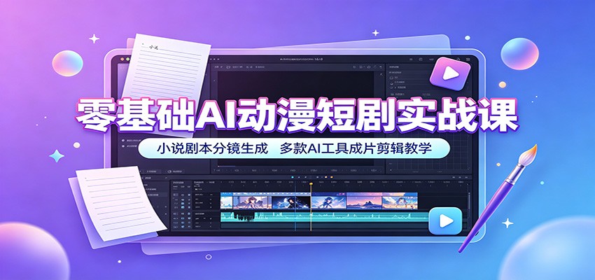零基础AI动漫短剧实战课：小说剧本分镜生成，多款AI工具成片剪辑教学|一人科技OPC聚合软件