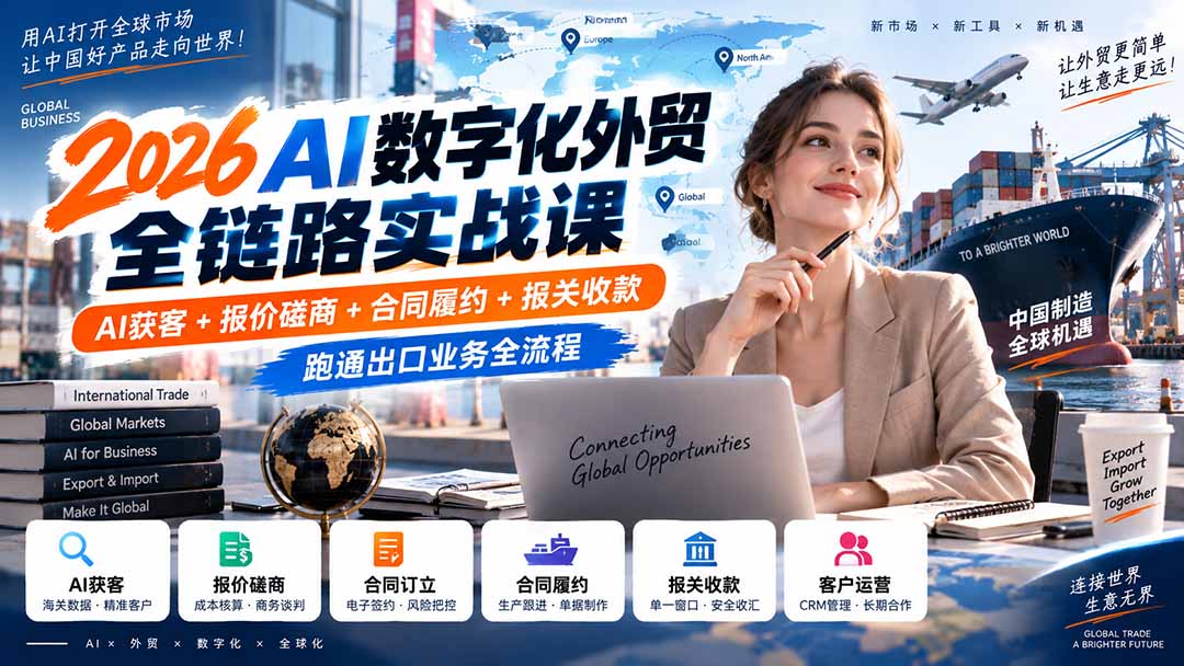 2026AI数字化外贸全链路实战课：AI获客+报价磋商+合同履约+报关收款，跑通出口业务全流程|一人科技OPC聚合软件