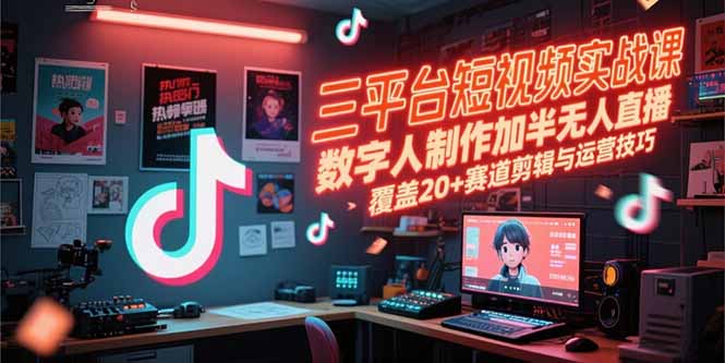 三平台短视频实战课，数字人制作加半无人直播，覆盖20+赛道剪辑与运营技巧|HOOK协议网