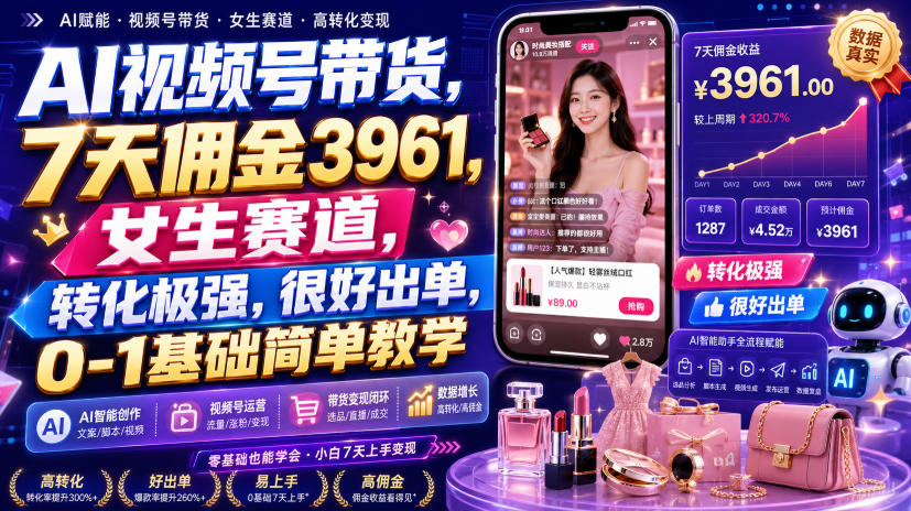 AI视频号带货，7天佣金3961，女生赛道，转化极强，很好出单，0-1基础简单教学|一人科技OPC聚合软件