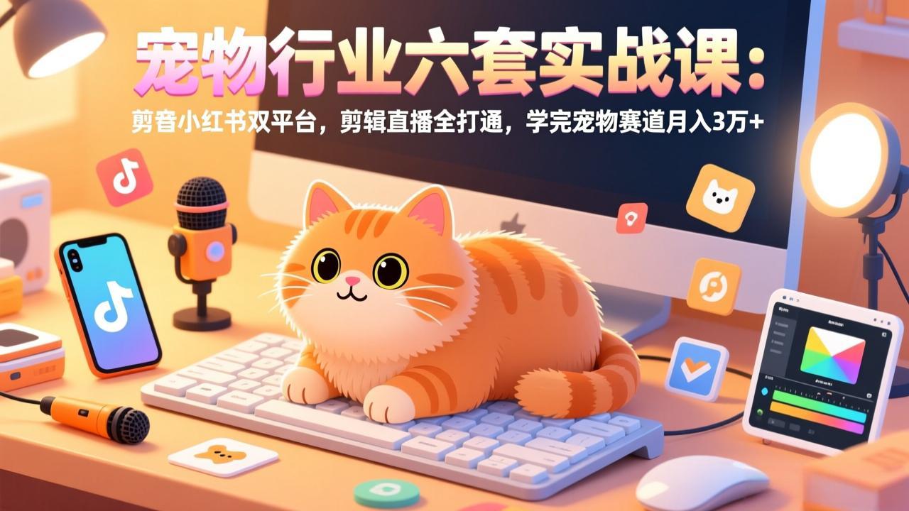 宠物行业六套实战课：抖音小红书双平台，剪辑直播全打通，学完宠物赛道月入3万+|协议软件打粉软件