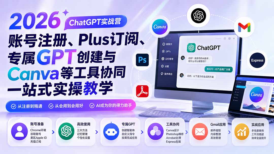 2026 ChatGPT实战营；账号注册、Plus订阅、专属GPT创建与Canva等工具协同一站式实操教学|一人科技OPC聚合软件
