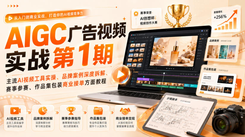 AIGC广告视频实战第1期，主流AI视频工具实操、品牌案例深度拆解、赛事参赛、作品集包装商业接单方面教程|一人科技OPC聚合软件